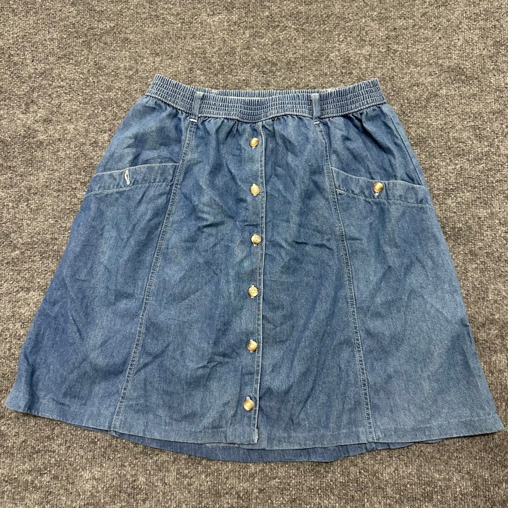 Denim Jazz Skirt Womens Size L Blue Button Front Elastic Waist Cotton Casual